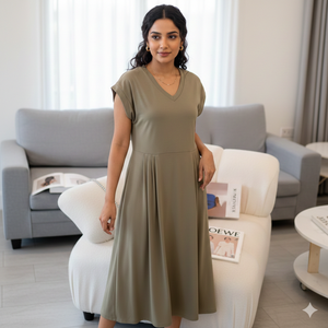 Robe longue Unity Luxure à col en V, taille élastique, imprimé vintage, lavable, coupe simple et amincissante, style A-line - Product Image 2