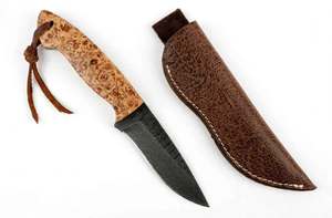 Cuchillo utilitario artesanal de acero de Damasco para exteriores con mango de madera de arce natural. - Product Image 1