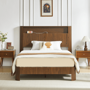 Extra Long (Full XL) Wooden Bed Frame with <b>Storage</b> Headboard and Charging Station Wavy Curved Lines Design Silent <b>Opening</b> - Product Image 1