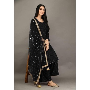 NOUVEAU ARRIVÉ RAYON COTON BRODERIE MIROIR TRAVAIL TOP PALAZZO AVEC DUPATTA NOIR - Product Image 1