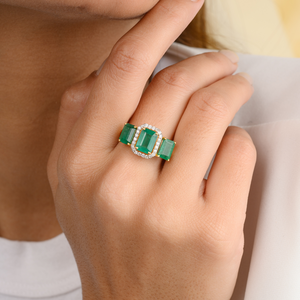18K Gold Three Stone Emerald Diamond <b>Ring</b> for Women Solid Gold <b>Resizable</b> - Product Image 1