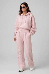 Women's <b>Pink</b> Hooded Tracksuit Set Floral Embroidery <b>Sweatshirt</b> Wide Leg Pants - Product Image 1