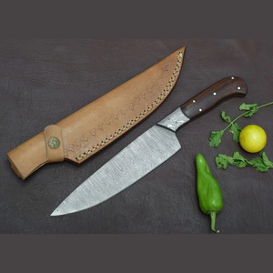 Couteau de chef en acier Damas avec manche en bois naturel, forgé à la main et respectueux de l'environnement, design ambidextre, compatible lave-vaisselle - Product Image 2