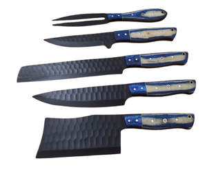 OEM Custom Handmade Stainless Steel 5 Pieces Black Powder Coted Chef <b>Knife</b> <b>Set</b> With Wooden Handle & With Leather Sheath - Product Image 1