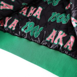 AKA Black Green <b>Pink</b> Varsity Bomber <b>Jacket</b> Women's Satin Letterman Outerwear With Embroidered Greek Style Design - Product Image 6