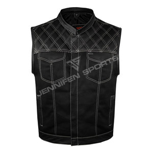 Chaleco de Motociclista de Alta Calidad, Personalizado, a la Moda, con Corte de Diamante, en Cuero Genuino y Tela de Lona para Hombre, de Primera Calidad - Product Image 1