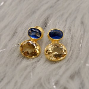 ต่างหูสตั๊ด Citrine และ kynite-ทรงกลมพลอย925เงินแท้ต่างหูเหลี่ยมเพชรพลอยมินิมอล - Product Image 1