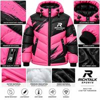 Blouson matelassé à capuche pour homme, col montant, blocs de couleur rose et noir, coupe-vent, en polyester épais, fermeture éclair, idéal pour l'hiver et le sport