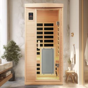 Sauna a Infrarossi per Una Persona in Legno di Hemlock con Porta Frontale a Basso EMF e Pannello Riscaldante - Product Image 1