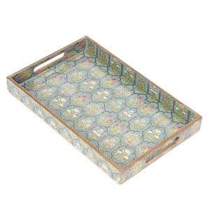 Plateau de service gris avec motif géométrique doré, plateau rectangulaire décoratif en bois pour commande en gros - Product Image 5