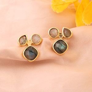 Boucles d'oreilles clous géométriques minimalistes en labradorite naturelle chatoyante, plaqué or 18 carats, bijoux fantaisie en gros pour femmes - Product Image 2