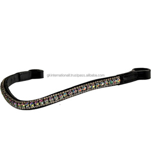 Bande de front de cheval en cuir noir véritable de qualité exportatrice décorée de 5 rangées de cristaux multicolores strass chaîne diamante bling - Product Image 2