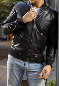Veste bomber en cuir de vache véritable noir pour homme, manches longues, résistante à l'eau, couleur unie, vêtements d'extérieur d'hiver, vêtements de mode - Product Image 3