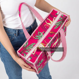Bolso Tote de Algodón Acolchado Rosa con Estampado de Leopardo de la Selva, Bolso de Hombro de Gran Capacidad para Viaje, Estilo Boho Indio con Cierre - Product Image 6