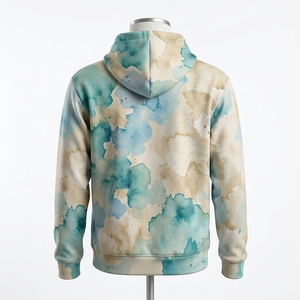 Sudadera con Capucha Azul Crema para Hombre con Estampado Abstracto de Acuarela, Bolsillo Tipo Canguro, Sudadera Personalizada de Estilo Urbano - Product Image 4