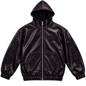 Blouson à capuche personnalisé pour homme en similicuir avec lettrage graphique sur les manches, fermeture éclair intégrale, style urbain et streetwear - Product Image 4