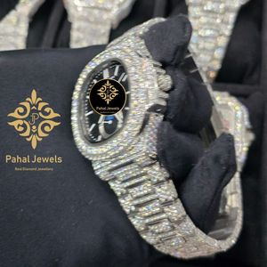 นาฬิกาข้อมือผู้หญิง Pahal Jewels หรูหรา ประดับเพชรโมอิสซาไนต์ ตัวเรือนสแตนเลสทรงกลม 41 มม. ระบบอนาล็อก ควอตซ์ สายคริสตัลแซฟไฟร์ ขนาด 20 ซม. พร้อมฟังก์ชั่นวันที่ - Product Image 3