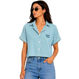 Camisa corta a rayas azul verdoso y blanco personalizada para mujer, blusa informal de verano con botones y logotipo bordado personalizado, OEM - Product Image 1