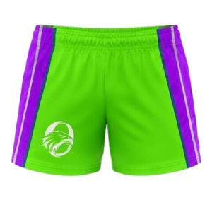 Unisex Neon Green Purple Sublimated Netball Shorts Polyester Lightweight <b>Athletic</b> Sports Wear Side Stripe Panel Team Training - Product Image 1