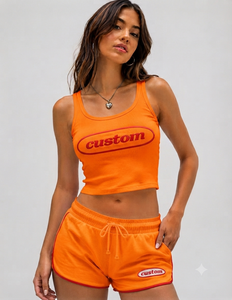 Custom Women's Orange Two Piece <b>Set</b> <b>Knitted</b> Tank Top Shorts Sporty Casual Summer Outfit Sleeveless Breathable Fit - Product Image 1