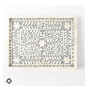 Bandeja DE SERVICIO DE PATRÓN Floral de hueso de resina hecha a mano de la mejor calidad de lujo, incrustaciones de hueso gris y blanco para decoración de mesa de café de desayuno - Product Image 1