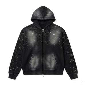 เสื้อฮู้ดผู้ชายแบบซิป แต่งคริสตัล ผ้าฝ้ายฟลีซ สไตล์สตรีทแวร์ สีดำ ผลิตเสื้อผ้าจำนวนมาก - Product Image 5
