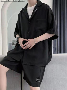 Ensemble de costume décontracté en coton uni pour homme, 2 pièces, chemise à manches courtes, shorts, tissu tricoté respirant d'été, haute qualité - Product Image 3