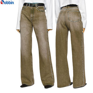 Fabricante de Jeans Casuales de Cintura Alta para Mujer, Estilo Vintage, Corte Recto, Holgados, OEM, con Lavado Ácido y Adornos de Cristales - Product Image 1