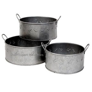 Jardinière en métal galvanisé de conception classique avec poignées pour jardinière décorative de forme ronde de jardin extérieur à la maison - Product Image 1