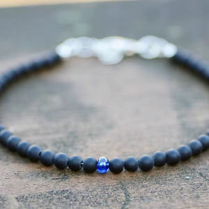 Natural Black Agate Blue Sapphire Gold Plated Handmade Sterling Silver Luxury Charm Bracelet Gemstone Jewelry Gift for Unisex - Product Image 1