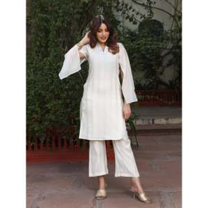 Ensemble Kurta en coton ivoire à manches trois-quarts, taille XS - Product Image 1