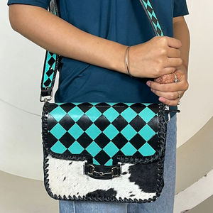 New Customized Crossbody <b>Bag</b> for Women Checkered <b>Shoulder</b> Purse Handmade Hair on Cowhide Leather Sling <b>Bag</b> with Horse Bit Buckle - Product Image 4