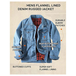 Mens <b>Flannel</b> Lined Denim <b>Jacket</b> Snap Cowboy Cut Western Classic Slim Fit Vintage Heavy Duty Trucker Coat Rugged Warm Stylish - Product Image 4