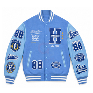 Chaqueta universitaria personalizada con cuerpo de lana, mangas de cuero genuino, parches bordados en chenilla, estilo HBCU, chaqueta bomber Letterman para hombre. - Product Image 6