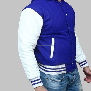 Wool Body and Genuine Cowhide Leather Sleeves Blue & <b>White</b> Letterman Varsity <b>Jacket</b> - Product Image 5