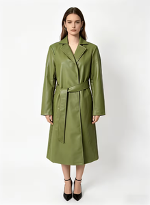 Gabardina de Mujer de Piel Sintética, Larga, de Color Sólido, con Cuello de Solapa, Manga Larga, con Cinturón, Estilo Minimalista para Otoño - Product Image 5