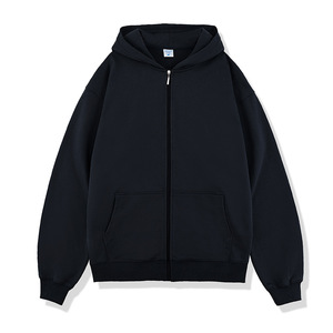 เสื้อฮู้ดซิปผู้ชายทรงโอเวอร์ไซส์ สีดำล้วน ผ้าฟลีซ สวมใส่สบายๆ สำหรับฤดูใบไม้ร่วง ทรงปกติ แขนยาว มีกระเป๋า - Product Image 1