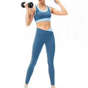 Ensemble de yoga pour femme, haut court sans couture taille haute et short, bleu uni, extensible dans les quatre sens, dos nageur, tenue d'entraînement sans manches - Product Image 6