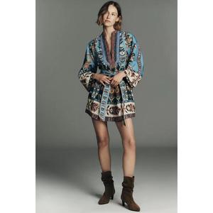 Robe à imprimé floral personnalisée, col en V, élégante, nouvelle arrivée, été, imprimé floral, manches longues, mini robe pour femmes - Product Image 2