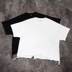 Plus Size Men's <b>White</b> Short Sleeve O-Neck Cropped T-Shirt Distressed Hem Casual Breathable Eco-Friendly Polyester/Cotton Jersey - Product Image 5