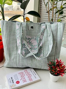 Bolsa de compras grande, ecológica, con asas de cuerda, acolchada, hecha a mano, de algodón a rayas para mujer - Product Image 4