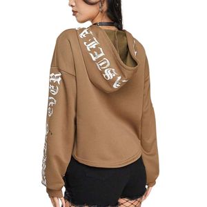 Custom Women Brown Cropped Hoodie Gothic Letter Print Sleeve <b>Long</b> Sleeve Vintage Y2K Streetwear Crop Pullover <b>Sweatshirt</b> - Product Image 1