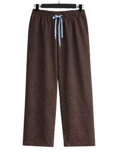 Conjunto de Dos Piezas para Mujer: Camisa Azul Claro y Pantalones Anchos Color Chocolate, Estilo Casual de Algodón y Lino, Fabricante OEM Personalizado - Product Image 2