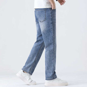 Best Quality 100% Cotton Lightweight Casual High Street Flat Front <b>Men's</b> Straight Canvas <b>Jeans</b> <b>Elastic</b> High-<b>Waist</b> Breathable - Product Image 3