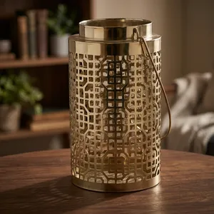 <b>Brass</b> Cylinder <b>Lantern</b> With Geometric Cutout Pattern Home Decoration Durable Outdoor Indoor Use - Product Image 2