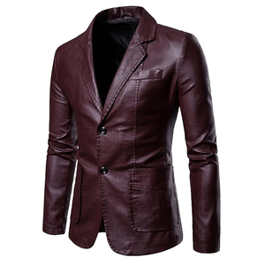 Men Burgundy Leather <b>Blazer</b> Notched Collar Single Breasted Regular Fit Full Length Sleeve - Product Image 3