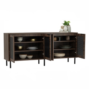 Modern Minimalist Walnut <b>Kitchen</b> <b>Sideboard</b> Buffet Cabinet with Black Metal Legs with Rattan Decorated Doors <b>for</b> Dining Storage - Product Image 4