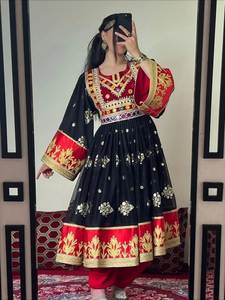 Robe de mariée pour femme en mousseline de soie, style afghane, longueur genou, avec manches lanternes, couleur contrastée rouge et noir, coupe trapèze, faible MOQ - Product Image 2