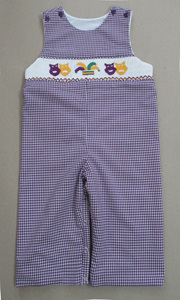 Mardi Gras Mask hand smocked Pinafore Dress, <b>Purple</b> Gingham Ruffle Trim Toddler Party Dress with Sash <b>Ties</b> - Product Image 2