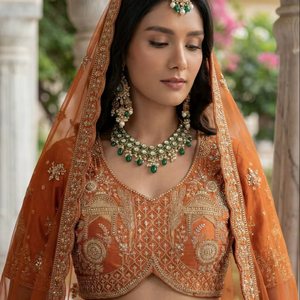 Conjunto de Lehenga Choli Dupatta Tradicional Naranja para Novia, con Bordado Intenso, de Lujo, para Bodas, Diseño Indio-Pakistaní - Product Image 1